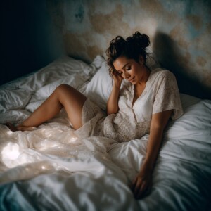 Full body shot from above of a Beautiful woman waking up laying...