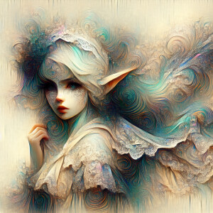 In a glitchy neo-victorian watercolor painting, an ethereal elf...