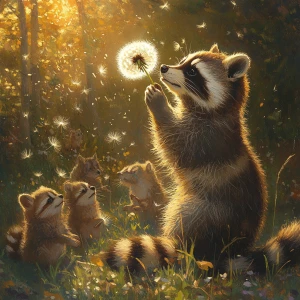 A raccoon tenderly blowing on a dandelion, its seeds scattering...