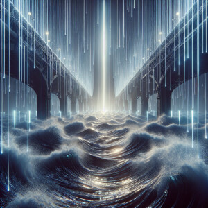 Lazer rain , chrome waves haunted bridge,  8k resolution, HDR, m...