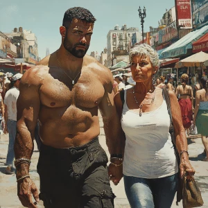 Photorealism,a muscular sweaty beefy man walking with his 53 yea...