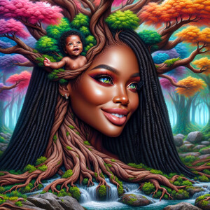 Create a close-up, hyper-realistic 3-D oil painting of a tree wi...
