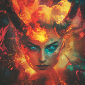 A malevolent deity with fiery hues of red, orange, yellow, and c...