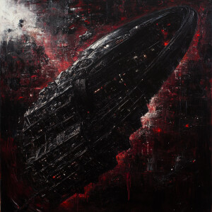 A menacingly sleek extraterrestrial spacecraft, its sharp angles...