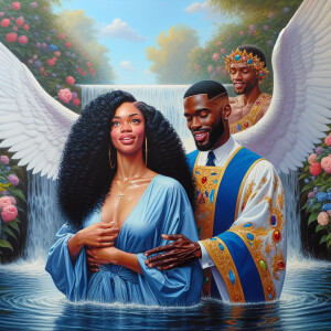 An oil painting depicting a light-skinned African-American pasto...