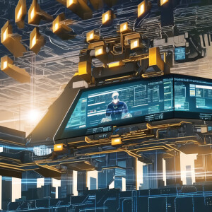 High tech cyber work with the sun setting