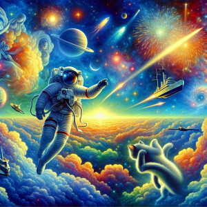 Cat floating in space with battleships around it