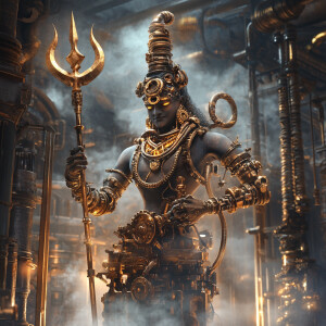 Steampunk style depiction of Lord Shiva with a mechanical triden...