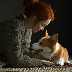 Create a realistic 4d image of a dark redhead playing with a pem...