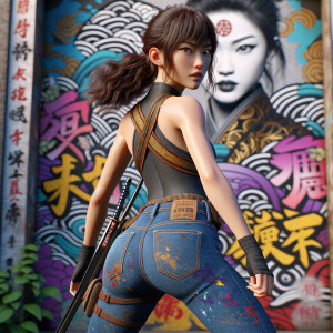 Athletic Thin skinny Attractive, Asian teenage girl, long brown hair and bangs, wearing tight skinny jeans and a halter top paint marks on her clothing, heroic pose Asian graffiti background, backside view