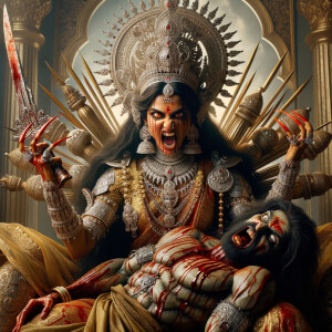 portrait of extremly angry looking goddess kali, sitting on a gold crown and carrying a weak mahishasur on her lap and stabbing him with her amazing long red finger nails. She is wearing diamond armor, a huge diamond crown, red saree, abundant diamond jewelry, covered in blood. The scene is set in ancient India. The image is 8K resolution, cinematic, ultra detailed face and epic.