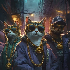 A group of cool gangster cats in an urban environment, wearing s...