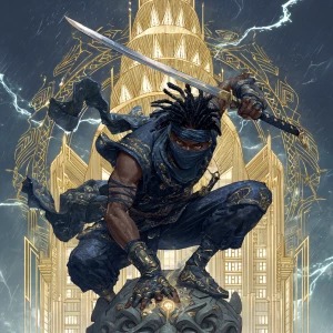 A dark-skinned, young adult male ninja, mid-20s, muscular build,...