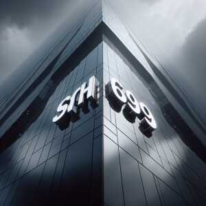 Overcast weather; white illuminated letters SCH69 on a large gla...