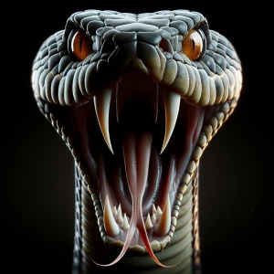 a magnificent Snake,fangs showing, it's mouth open and eyes look...