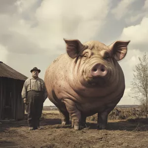Hyperrealistic photograph of An old farm, heavy farmer standing...