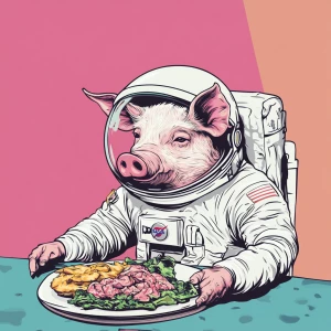 Cute cartoon pig in vintage white spacesuit and NASA style helme...
