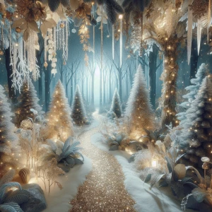 Create an image of an enchanting Christmas forest that exudes a...