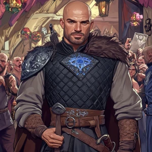 A muscular, bald man dressed in a medieval-style outfit consisti...
