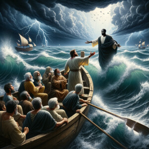 African-American Jesus telling Peter to come walk on the water,...