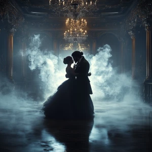 Beauty and the beast dancing in a ballroom surrounded by ghostly fog. Hyper expose. Ultra-detailed. The image should feature dark, surreal elements, and errie aesthetics, ultra-realistic style, 8K, C4D rendering, OC rendering,HDR,with a close-up picture,masterpiece, perfect composition and lighting