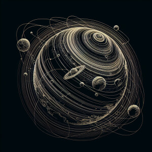 A planet design graphic on black background with thindiagrwm kin...