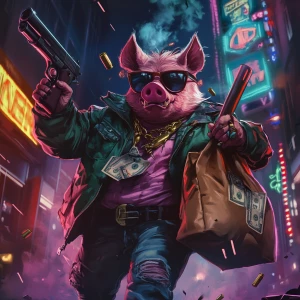 Moon pig holding a smoking pistol in one hand and a duffel bag f...