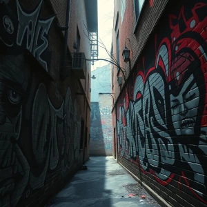 "Craft an image titled 'Gothic Graffiti NIGHTMARE,' where a hyper-realistic gothic landscape dominates a dystopian urban alley. The scene is a fusion of dramatic and surreal elements, with sprawling graffiti that twists and warps across the walls in morphing, monstrous forms—each stroke alive with a psycho horror vibe. Amidst this cinematic chaos, hyper-realistic details pull viewers into the nightmare: eyes peer from the shadows, and grotesque faces blend into the dark brick, their expressions a haunting fusion of dread and despair. Shadows deepen the drama, creating an atmosphere thick with tension and unease, embodying a world where reality melds with nightmarish imagination."