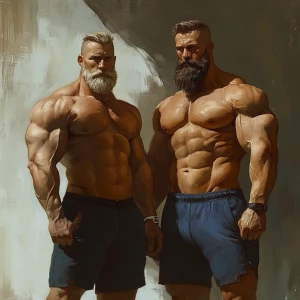 bodybuilder men stand side by side. Both have thick, full beards...
