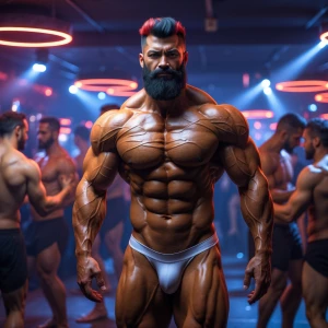A hyper-realistic depiction of a muscular, mature bodybuilder ma...