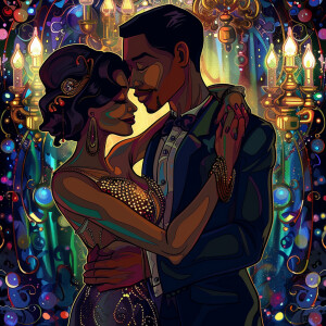 Create a vibrant cartoon illustration depicting a glamorous  Afr...