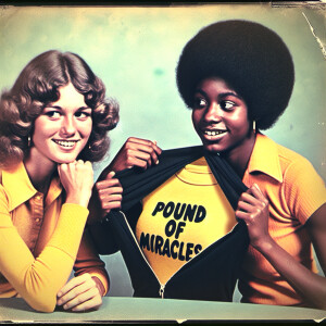 Create a color film photo from 1975 of two beautiful 24-year-old...