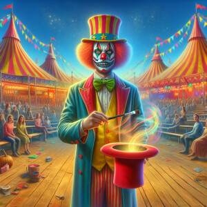 A scary clown shows magic tricks. I periodically appear in the p...