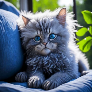Please generate an image of a fluffy gray kitten with bright blu...