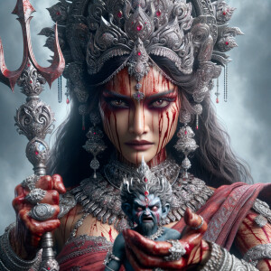 portrait of angry looking goddess durga  carrying a short mahishasur in her two arms and stabbing him with her amazingly designed trident. She is wearing a huge silver crown, red saree, abundant silver jewelry, covered in blood. The scene is set in ancient India. The image is 8K resolution, cinematic, ultra detailed face and epic.