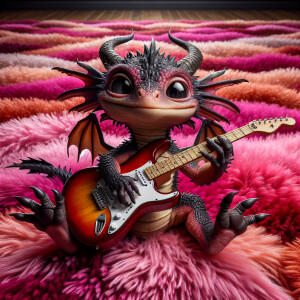 A baby dragon playing the electric guitar on a pink shag carpet.