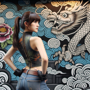 Attractive, Asian teenage girl, long brown hair and bangs, wearing tight skinny jeans and a halter top paint marks on her clothing, backside view heroic pose Asian graffiti