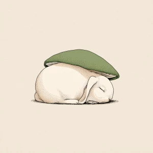Calm white rabbit curled up, mushroom roof, hand-drawn line art,...
