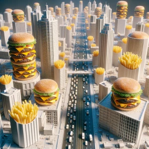 A city made from cheeseburgers and french fries 3D 8K UHD halluc...