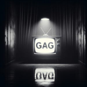 Eerie scene of a tube tv with the word “GAG” on the screen