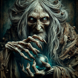 Depict an ancient, frail enchantress exuding a mixture of decay...