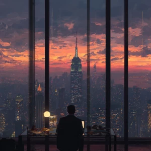 "A dramatic high-rise office scene at dusk, viewed from inside t...