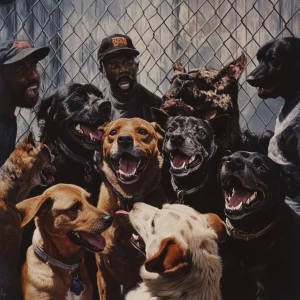 A group of dogs vocally responding to an African-American indivi...