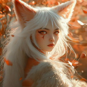 fluffy nine-tailed fox girl by Wlop and Guweiz, Hyper-realistic,...
