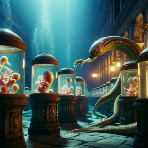 A humanoid eel-like creature navigates the submerged streets of...