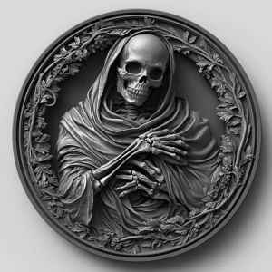 Design a high-contrast grayscale 3d bas relief of death, The composition should be circular like a coin emblem, designed for CNC routing with balanced lighting to accentuate fine details, sharp edges, and distinct textures. Employ deep shadows and strong highlights to define planes and surfaces clearly.