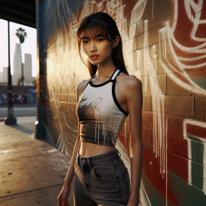 Athletic Thin skinny Attractive, Asian teenage girl, long brown hair and bangs, wearing tight skinny jeans and a halter top paint marks on her clothing, heroic pose Asian graffiti background, side view