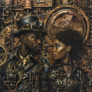 An Afrocentric couple exploring a steampunk world brimming with...