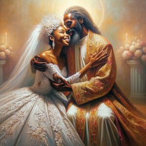 Imagine a hyper-realistic oil painting that captures a tender moment between theAfrican American bride and her God. The setting is intimate and filled with soft, warm lighting that enhances the emotional depth of the scene. The bride, in herexquisite wedding gown, shares a heartfelt embrace with her african-American Lord Jesus , who is dressedin an elegant outfit that complements the wedding's color scheme. Their expressions are full of love, pride, and joy, reflecting the special bond between them. Theattention to detail is paramount, from the intricate designs of their dresses to the subtle emotions conveyed in their facial expressions. The background is a blur ofgentle pastel hues, ensuring that the focus remains on this touching moment. Thispainting should convey the warmth, love, and depth of the relationship, with the rich textures and vibrant strokes characteristic of oil paintings, capturing the essence of this significant pre-wedding moment.