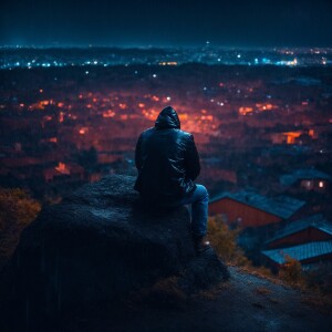 Sad man sitting on a top of the hill raining dark night